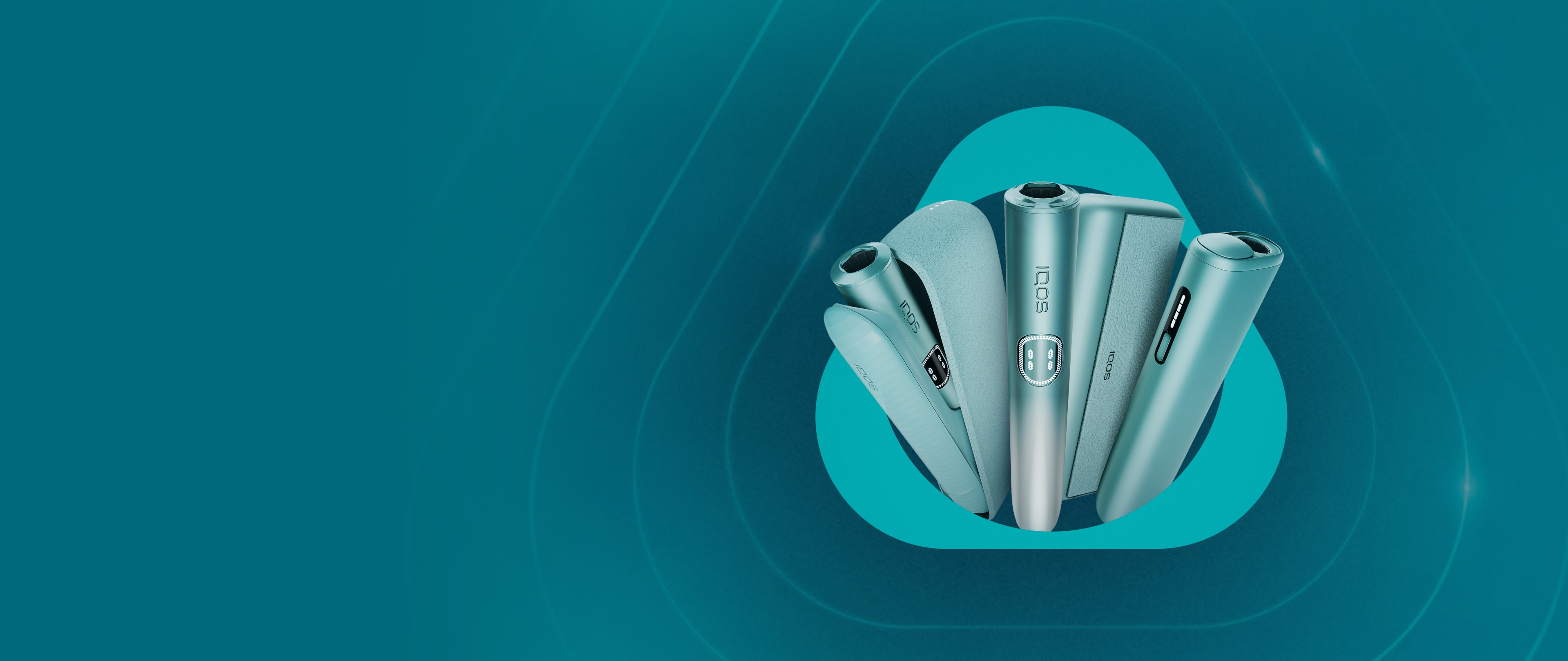 Breeze Blue IQOS ILUMA i PRIME device and its charger on a dark turquoise background